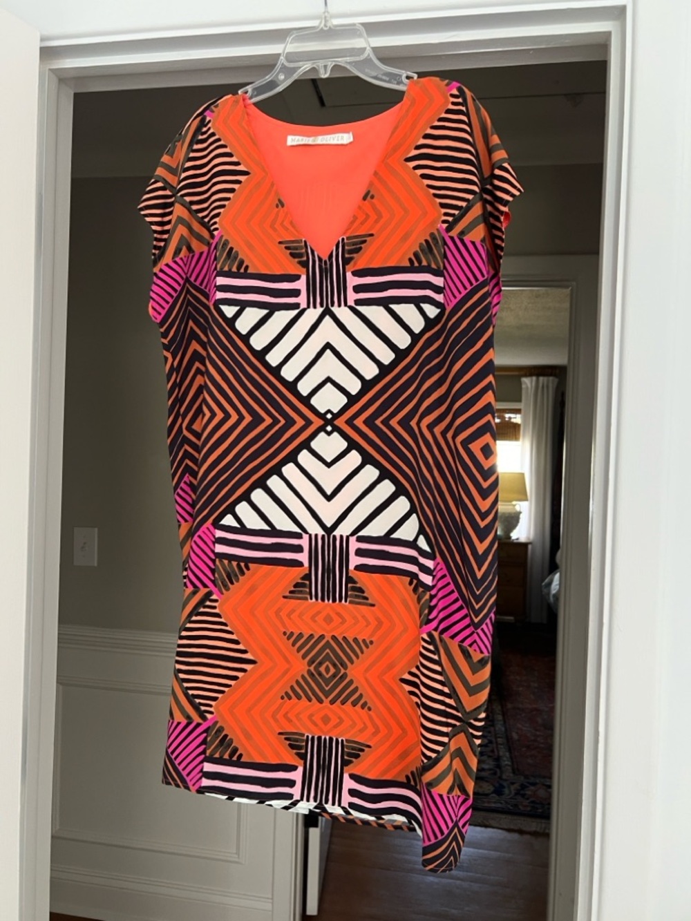 Marie Oliver Vibrant Geometric V-Neck Mini Dress in Orange, Pink & Black